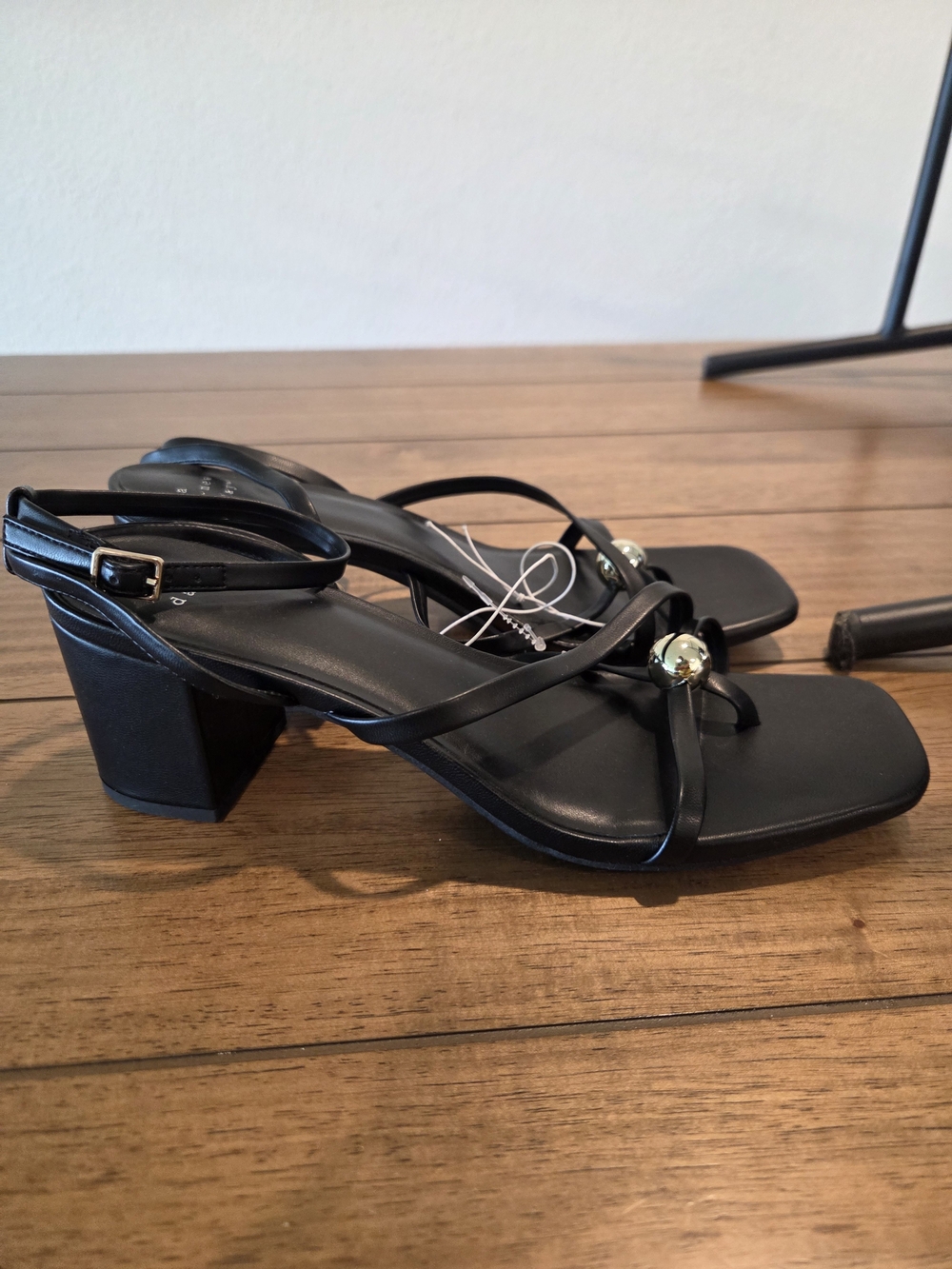 a new day Black Strappy Block Heel Sandals with Gold Accent Ball